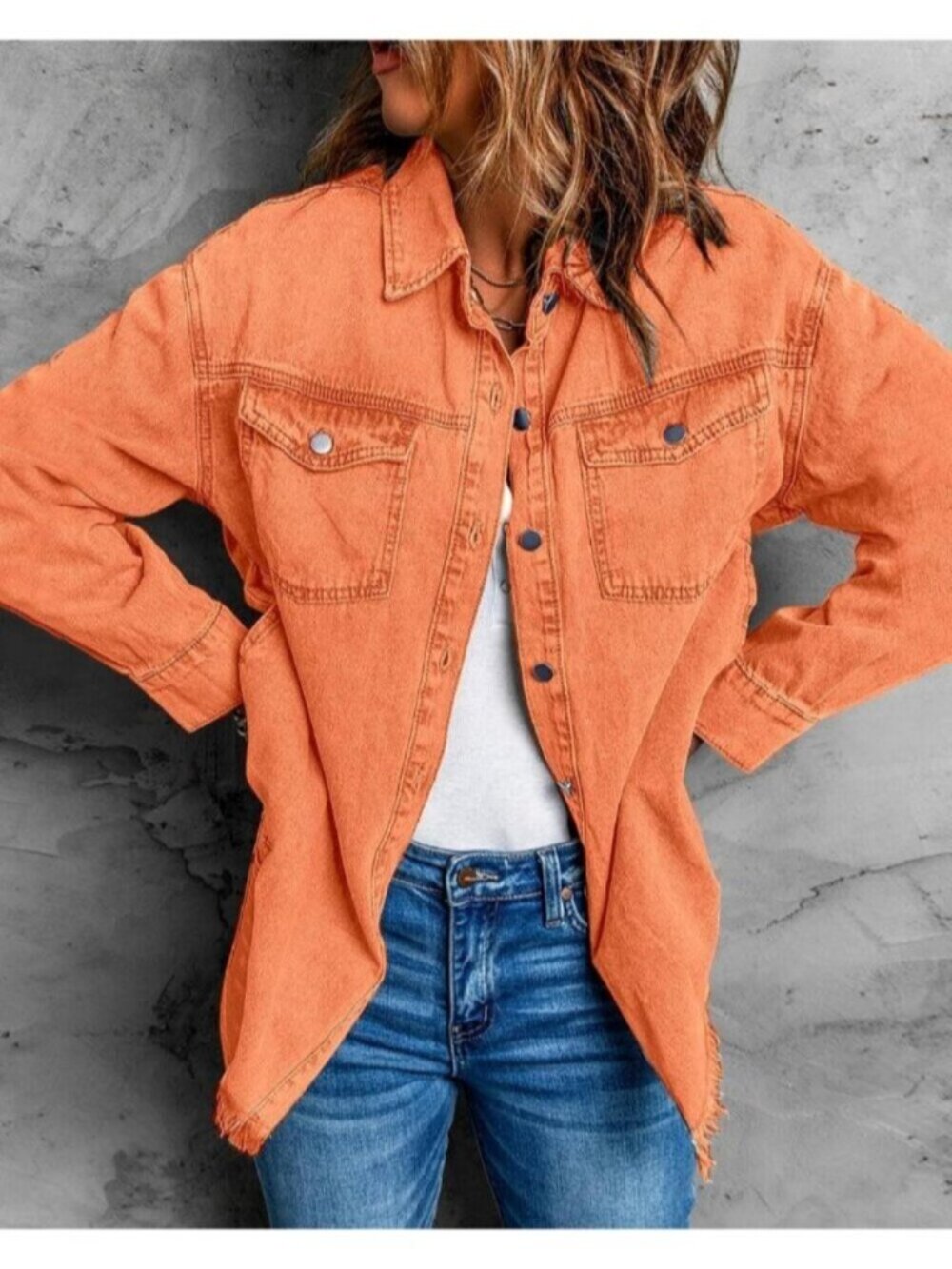 〽️Women Orange Drop Shoulder Button Up Oversized Frayed Raw Hem Denim Jean Jacke - Picture 5 of 6